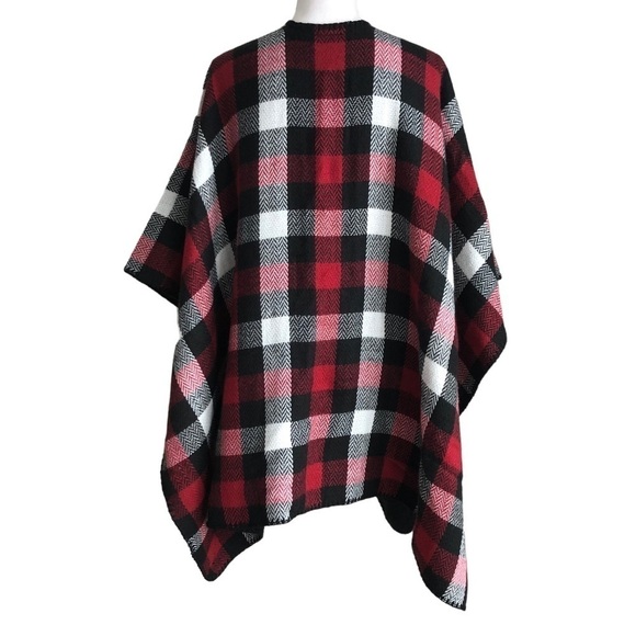 Woolrich Reversible Blanket Wrap Buffalo Check Red White Black Shawl Poncho - Picture 5 of 11